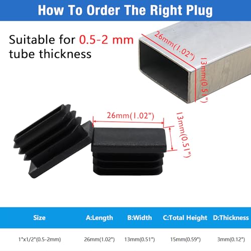 16 Pack 1/2" x 1" Black Rectangular Tube End Cap Plastic Plugs - color: Black, size: 1" x 1/2" - 16 pcs
