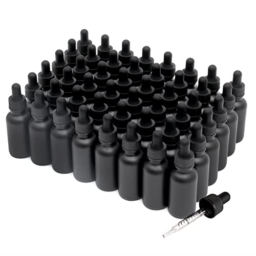 NOOEEISS 48 Pack,1oz Glass Dropper Bottle, Frosted Black Tincture Bottles with Dropper,Pretty Finish for All Kinds of Liquids,Oil Bottles for Hair- Stronger Suction ideal for Leakproof Travel - color: Black Frosted, size: 1oz-48Pack