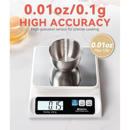 BOMATA 13lb/0.1g Precision Digital Food Scale for Kitchen, Grams and Ounces - color: White Rechargeable
