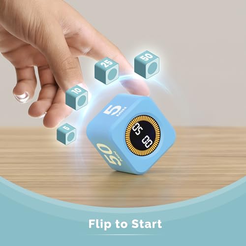 KADAMS Visual Timer – Cube Pomodoro Timer, LED Countdown Ring & Count Up Mode, Silent Flip Productivity Timer for Study, Classroom, Office, Cooking (Blue 5-10-25-50 min) - color: Blue 5-10-25-50 Min