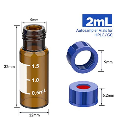 Membrane Solutions 2mL Autosampler Vials, 9-425 GC/HPLC Vials, 100 Pcs - size: Amber Vial & White PTFE septa
