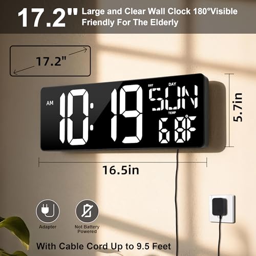 17.2"Large Digital Wall Clock Large Display with Remote Control 180°Visible - color: White