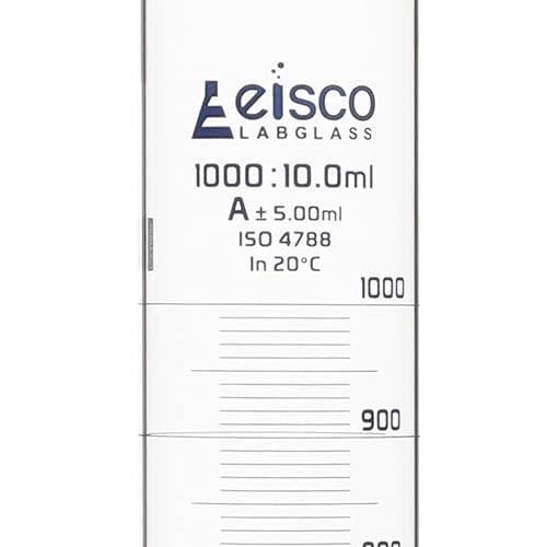 Graduated Cylinder, 1000ml - Class A Tolerance ±5.00ml - Hexagonal Base - Blue Graduations - Borosilicate 3.3 Glass - Eisco Labs - size: 1000mL