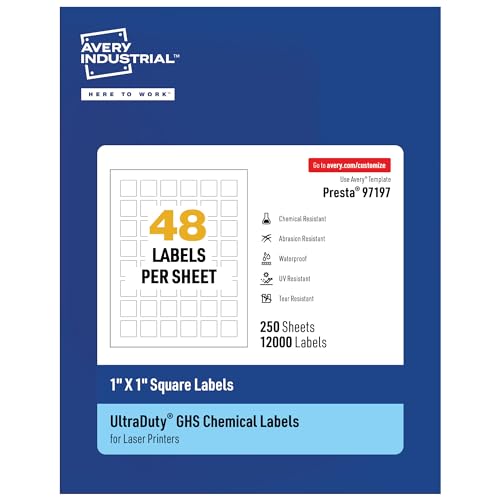 Avery® UltraDuty® GHS Labels, Waterproof, 1 X 1" White Square Labels , 12000 Total, Use with Laser Printers - size: 1" X 1", style: 12,000 labels