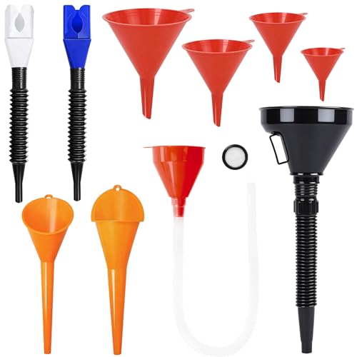 10 Pcs Automotive Funnel Set Wide Mouth Fuel Funnels with Long Neck, Flexible Spout & Removable Filter – for Gasoline, Coolant, Water, Engine Oil Plastic Oil Funnel Set