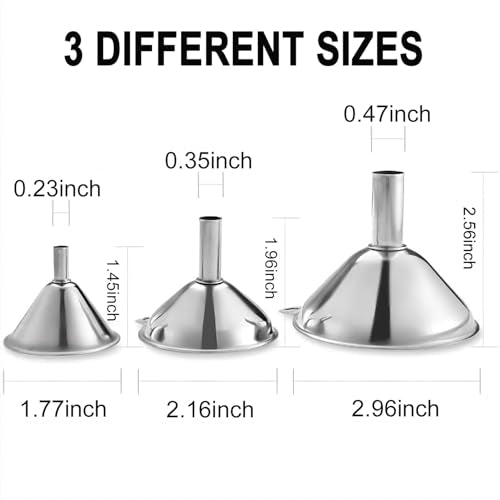 Funnels for Kitchen Bottle Filling, Lmoszuak Mini Stainless Steel Funnels, Multi-use Small Kitchen Funnel Set of 3, for Transferring Liquid, Fluid, Essential Oils, Powder,Tiny Spices,Dishwasher Safe - size: 3pcs mini Funnel set