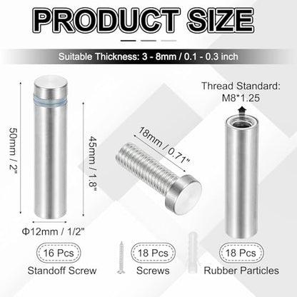 PATIKIL 1/2x2" Standoff Screws, 16 Pack Stainless Steel Stand Off Wall Mounts Wall Sign Mounting Hardware Advertising Standoff Nail for Hanging Acrylic Signs Picture Frame, Silver - size: 1/2x2"