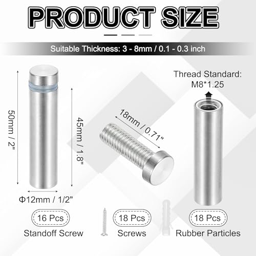 PATIKIL 1/2x2" Standoff Screws, 16 Pack Stainless Steel Stand Off Wall Mounts Wall Sign Mounting Hardware Advertising Standoff Nail for Hanging Acrylic Signs Picture Frame, Silver - size: 1/2x2"