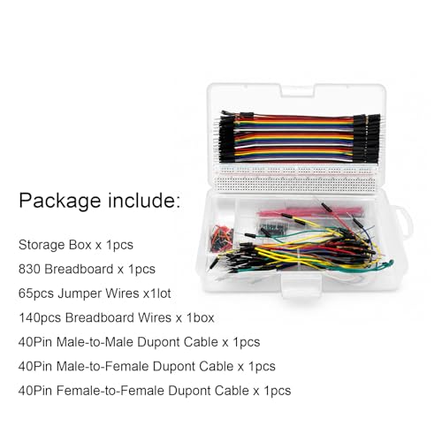 830-Point Solderless Breadboard Electronics Starter Kit Includes 140 Jumper Wires, 65 Flexible Breadboard Cables, and 120-Piece Dupont Wire Set (M-M, M-F, F-F) for Arduino Prototyping