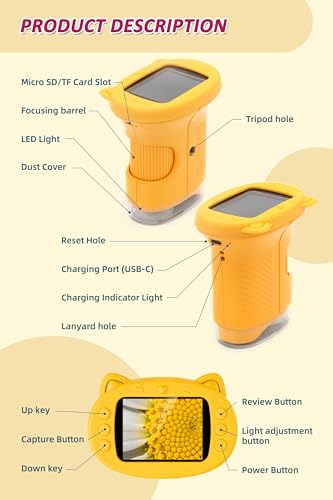 Kids Microscope 1000x Digital Handheld 2.4 in IPS Screen STEM Toy - color: Yellow