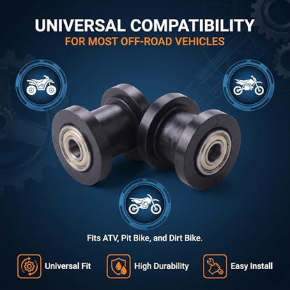 2 PCS Chain Roller Tensioner, 8mm and 10mm Pulley Wheel, Durable Rubber Metal Guide with Chain Puller, Universal for Most Motorcycles, ATVs, Pit Bikes (Black)