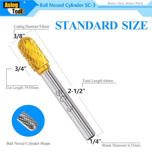 SC-3 5pcs Tungsten Carbide Burr TiN Rotary File Cylindrical Ball Nose End Shape Double Cut for Die Grinder Drill Bits 1/4'' Inch Shank and 3/8'' Inch Diameter of Cutter 3/4'' Inch Cutter Length - style: 5pcs SC-3 TIN