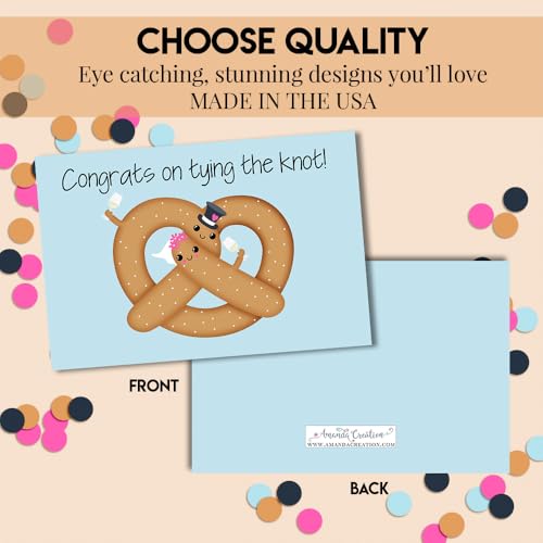Amanda Creation Funny Wedding Card for Bride and Groom, 4x6 Blank Inside with Silver Envelope, Pretzel Newlywed Congratulations Greeting - style: Pretzel
