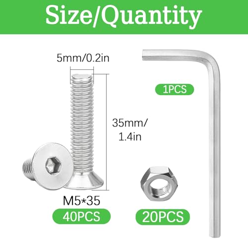 M5x35mm Countersunk Hex Screws Set - 40PCS Bolts + 20PCS Nuts + Allen Wrench, Stainless Steel Flat Head Socket Screws for Furniture & DIY - size: M5x12mm-60Pcs
