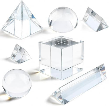 7 Pack K9 Optical Crystal Photography Prism Set, Include 1-4in Triangular Prism, 2in Crystal Glass Prism Cube, 2in Crystal Ball, 2in Dome Magnifier, Light Prism for Physics Teaching Photography Play