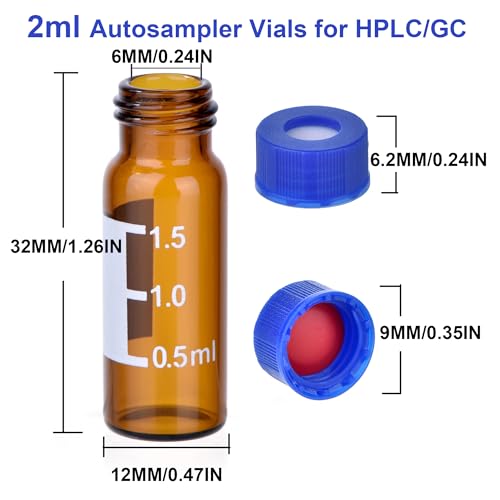 ESHATO 2ML Autosampler Vial, 100 Pack HPLC/GC Vials 9-425 Lab Amber Vials Sample Vial Screw Cap Writing Patch White PTFE and Red Silicone Septa for LC Stamper - size: 2ML