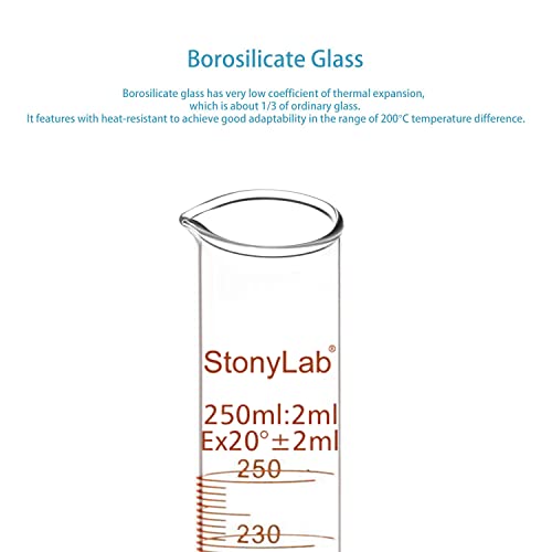 StonyLab 4-Pack Borosilicate Glass 250ml Heavy Wall Graduated Cylinder Measuring Cylinder, 250ml - size: 250 ml