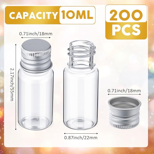 200 Pcs 10ml Mini Plastic Bottles Vials Tiny Jar with Aluminum Screw Lid Cap Clear Plastic Sample Container with Sealed Top Metal Lid for Cosmetic Essential Oil Specimen(Silver and Clear) - color: Silver and Clear