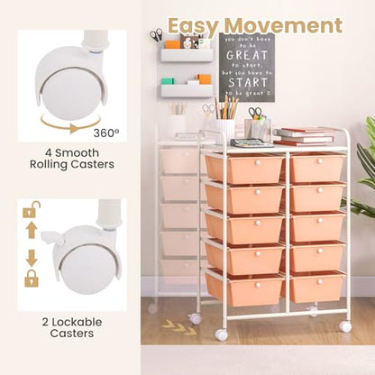 COSTWAY 10 Drawer Rolling Storage Cart, Utility Cart with Lockable Wheels - color: Peach, size: 10 Drawer