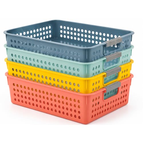 Stackable Paper Trays for Classroom, 4 Pack Plastic Turn in Baskets for Letter/A4 Paper, Desk Organizer Trays with Handles, Peach Yellow Mint Blue - color: Bright