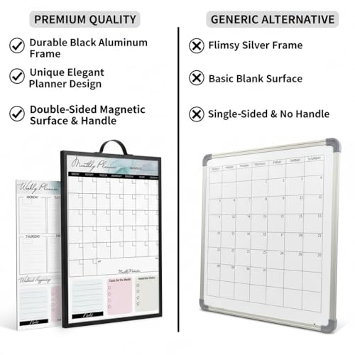 Magnetic Dry Erase Board 12x16 with Handle, Double Sided Portable Black Whiteboard for Home, Office, School & Kitchen, Includes Weekly & Monthly Magnetic Planner Sheets - style: Black Handle + Planner