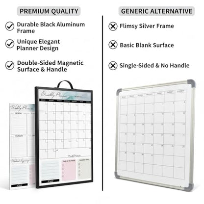 Magnetic Dry Erase Board 12x16 with Handle, Double Sided Portable Black Whiteboard for Home, Office, School & Kitchen, Includes Weekly & Monthly Magnetic Planner Sheets - style: Black Handle + Planner