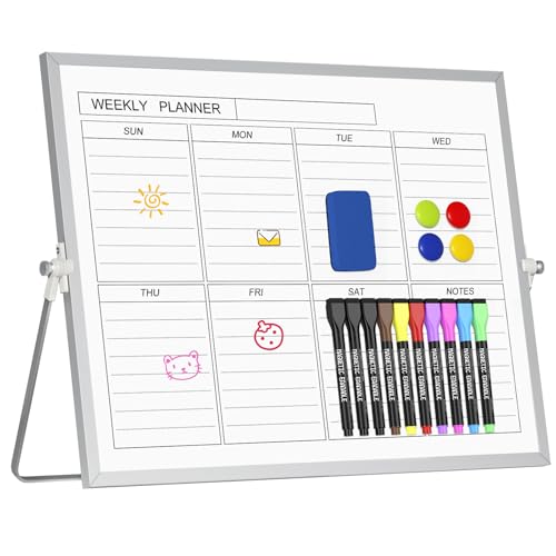 Desktop Weekly Schedule Board with Stand, 12'' x 16'' Dry Erase White Board - color: Silver Week