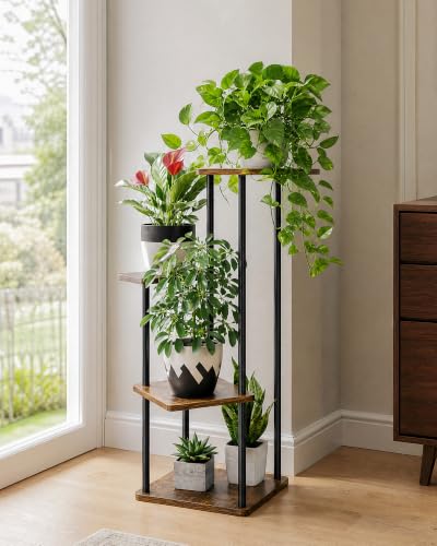 Bamworld Small Plant Stand 4 Tier Corner Plant Shelf for Indoor Plants - color: Brown Oak, size: 4 Tier