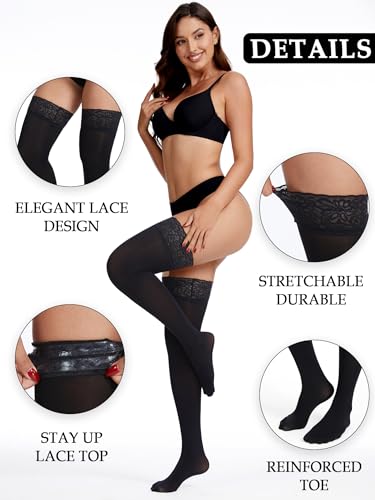 HOTBOSS Unbelievable Durability Thigh high stockings, Rip Resistant 60D Silicone Lace Top Stay Up Strong Pantyhose for Women - size: X-Small-Small