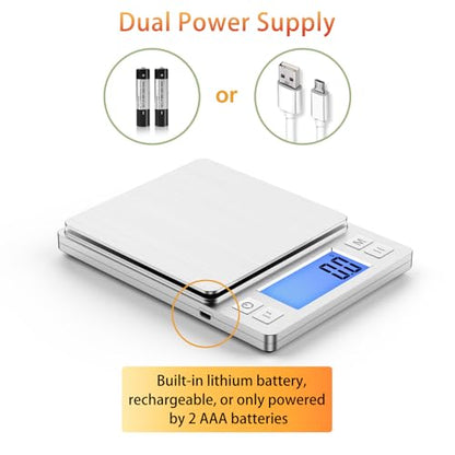 BOMATA Upgraded Small Food Scale with 0.1 g/0.001 oz High Precision - size: 0.1g/3kg Silver (Rechargeable)