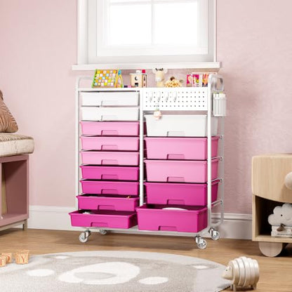 14 Drawer Rolling Storage Cart with Tabletop and Pegboard for Crafts Pink - color: Pink