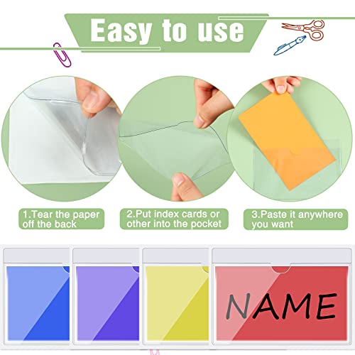 Chinco 50 Pack 3" x 5" Clear Adhesive Pockets, Index Card Pockets With Top Open Loading, Plastic Labels Holders for Organizing Storage Bins, Library Card, Drawer, and Protecting Your Cards - size: 3.7 x 5.3 inches