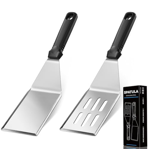 11.8-in 18/0 Stainless Steel Spatulas, Silicone Non-slip Handle, Brushed Metal Spatula Set for Kitchen Use Cast Iron Skillet, BBQ Frying Griddle, Pack of 2 - size: Cooking Spatulas Set