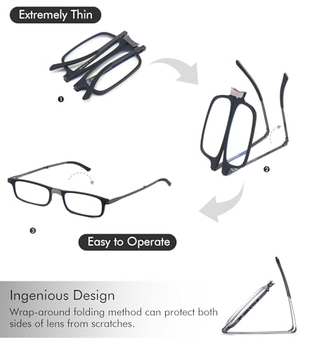 Missfive Premium Folding Reading Glasses Blue Light Blocking for Men Women, Ultra Thin Foldable Portable Travel Readers with Durable Pocket Metal Case, Dark Purple Compact Eyewear1.5x - color: Claret & Metal Glasses Case