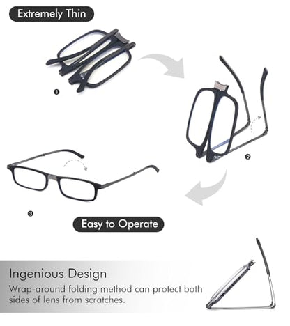 Missfive Premium Folding Reading Glasses Blue Light Blocking for Men Women, Ultra Thin Foldable Portable Travel Readers with Durable Pocket Metal Case, Dark Purple Compact Eyewear1.5x - color: Claret & Metal Glasses Case