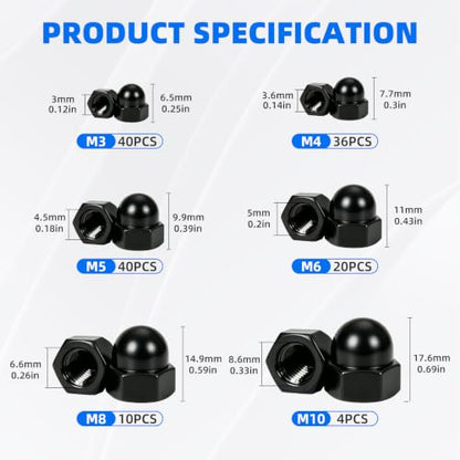 150PCS Black Acorn Cap Nuts Assortment Kit M3 M4 M5 M6 M8 M10 Nylon Dome Hex Nut Bolt Covers Caps for Screws YY042