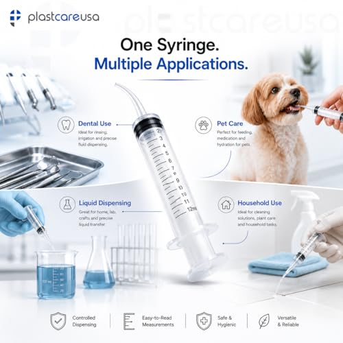 10 Disposable Curved Tip 12ml Dental Oral Dispensing 12cc Syringes (with Measurements) for Dental, Pets, Liquid