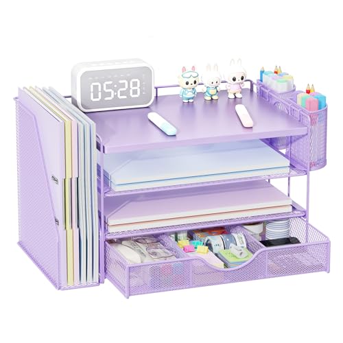 gianotter Wood Desk Organizers and Accessories with File Holder, 4-Tier Desk Accessories & Workspace Organizers with Drawer and 2 Pen Holder, Desk Reference Organizer (Purple, 4T with Metal Drawer) - color: Matte Purple