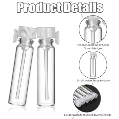 100PCS Empty Perfume Sample Bottles, Transparent Clear 1ml 1/4 Dram Empty Glass Sample Vials, Mini Glass Refillable Samples Vial Containers with Clear Cap for Aromatherapy, Essential Oil, Fragrance