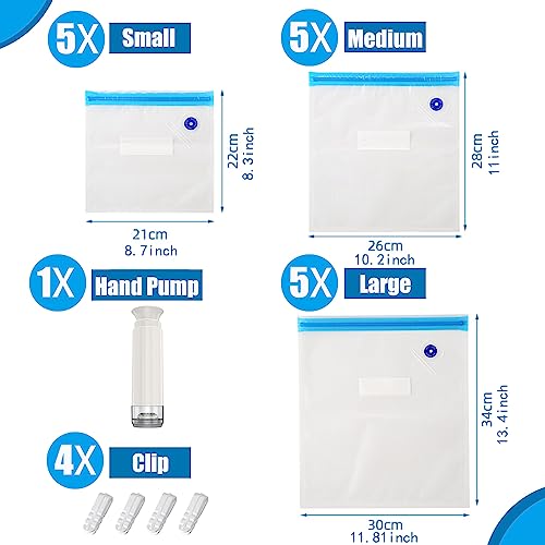 Sous Vide Bags,20pcs Reusable Vacuum Sealer Bags Kit,15 Mixed Sizes BPA Free Zipper Bags for Food,4 Sealing Clips,1 Hand Pump for Food Storage and Sous Vide Cooking - size: mixed size bags with hand pump