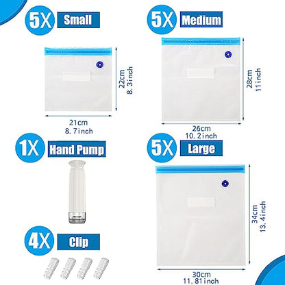 Sous Vide Bags,20pcs Reusable Vacuum Sealer Bags Kit,15 Mixed Sizes BPA Free Zipper Bags for Food,4 Sealing Clips,1 Hand Pump for Food Storage and Sous Vide Cooking - size: mixed size bags with hand pump