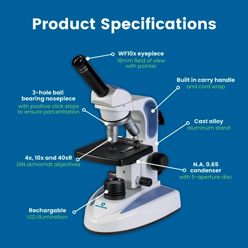 Accu-Scope Compound Microscope EXM-150 - Monocular Head, 40-400X Magnification, Disc Diaphragm, Cordless LED Illumination - Student Proof Biological Microscope for School Laboratory & Home