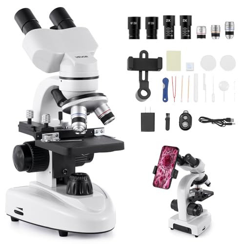 VEVOR Compound Binocular Microscope, 40-2000X Magnification, Professional Compound Microscope for Adult with Phone Adapter, LED Light, Aluminum Alloy Body, for Lab, School, Home, Education - size: 40-2000X