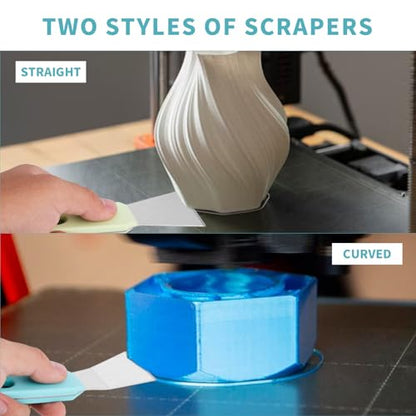 2pcs Professional 3D Printer Scraper, Stainless Steel 3D Printer Spatulas Straight & Curved, Metal Safe Model Removal Tools, 3D Paint Stripping Supplies Accessories Without Damage Build(Green, Blue)
