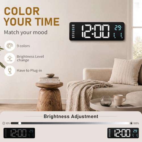 16" Large Digital Wall Clock with LED Display &Remote Control for Classroom - color: Blue