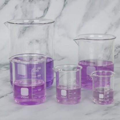BorinGlass Measuring Beaker Set, (5 Pieces) High Borosilicate Glass Graduated Beakers in 5 Sizes, 50 ml / 100 ml / 250 ml / 500 ml / 1000 ml (1 L)