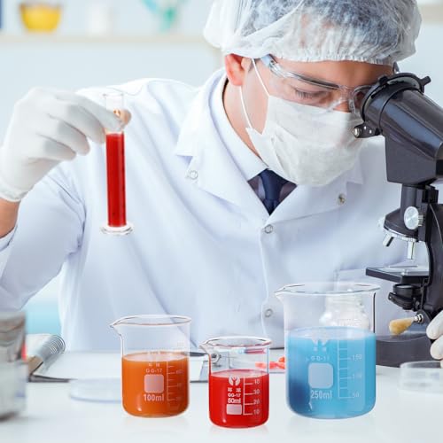 Feekoon 10 Pieces Glass Measuring Beaker Graduated Measuring Cylinder with Stirring Rod 50/100/ 250/500/ 1000 ml Thick Glass Beakers 5/10/ 50/100 ml Graduated Cylinders for Science Lab(5.9 Inch)