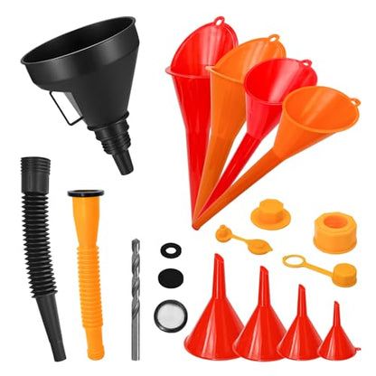 Sun Walker 19PCS Automotive Funnel Set & Gas Can Spout Replacement, Plastic Long Neck Oil Funnel Wide Mouth Funnels, Transmission Funnels Spouts Set for Filling Gasoline Oil Coolant