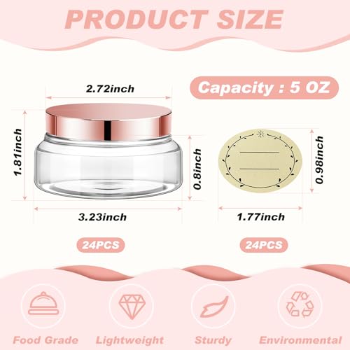 24 Pack Plastic Cosmetic Jars with Lids Label, 5 oz, Clear, Rose Gold - color: Clear, Rose Gold, size: 5 oz