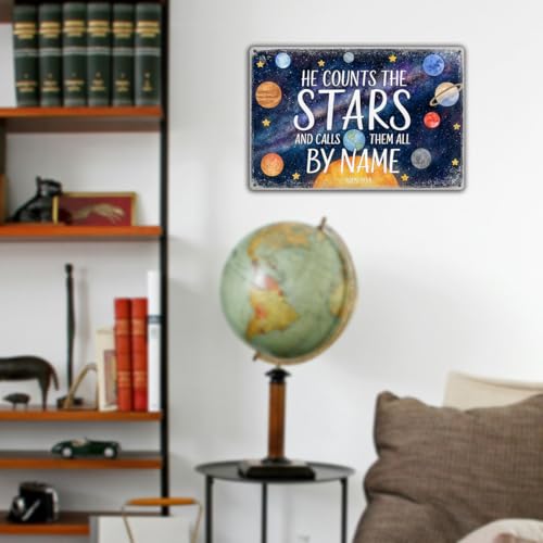 Space Themed Metal Tin Sign – “He Counts the Stars and Calls Them All by Name” Bible Verse Wall Art – Christian Galaxy Decor for Boys Room, Nursery, or Classroom – Outer Space Room Decor 8x12 Inch - color: C